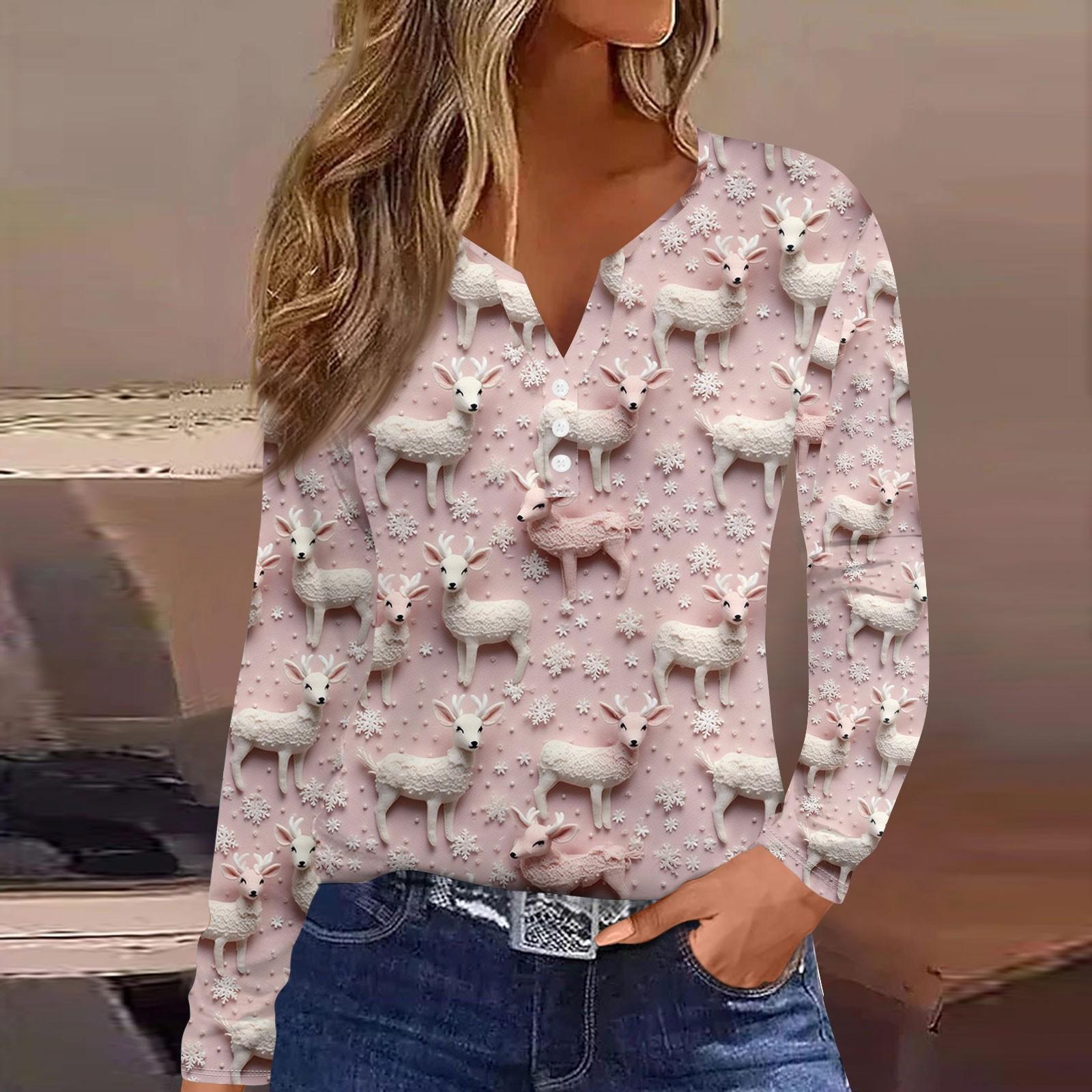 

Женская модная повседневная футболка с длинным рукавом и V-образным вырезом на рождественском принте на пуговицах XXL розовый