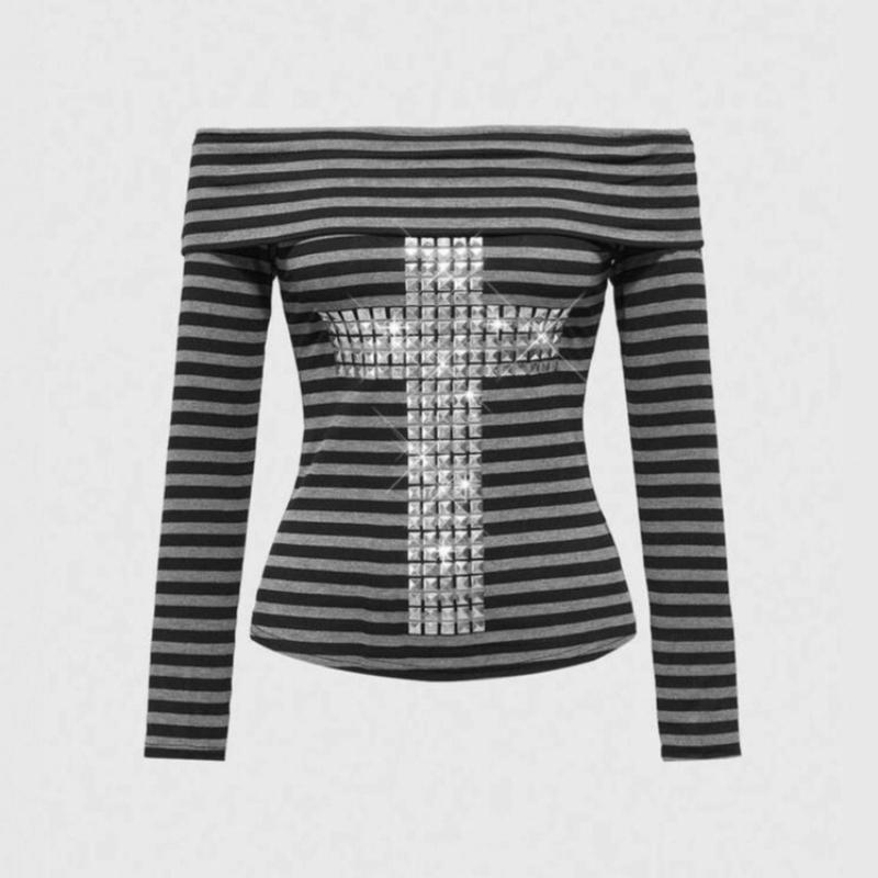 

Y2K Уличный Осенний Ретро Полосатый Колорблок Кросс Горячий Бриллиант На Одно Плечо С Длинным Рукавом Топ L серый