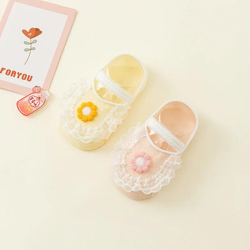 

2pairs 0-12M Newborn Cotton Short Socks Cute Flower Lace Footwear Non-slip Floor Socks for Baby Girls Toddler Anklet Boat Socks 12M