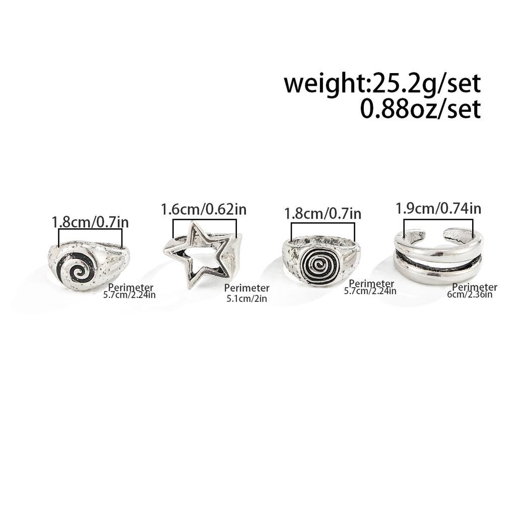 Salircon 4 Pcs/Set Punk Retro Five-Pointed Star Spiral Wide Rings Men Creative Hiphop Thick Finger Rings Sets Steampunk Jewelry