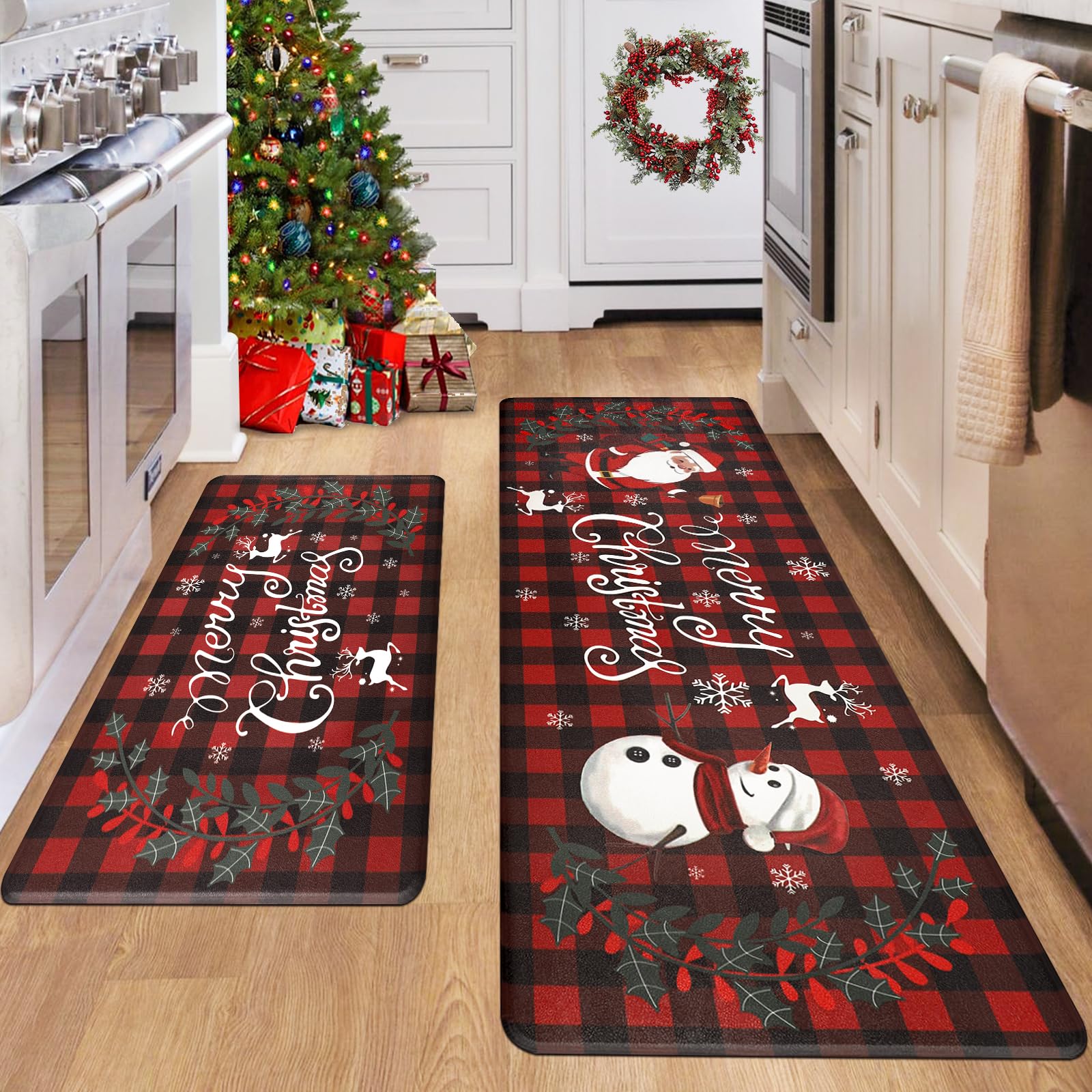 

Christmas Theme Carpet Mat Rug - Red Black Plaid Design Home Decoration with Santa Snowman Pattern Living Room Decoration 40X60CM