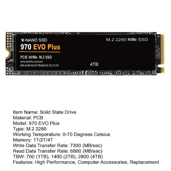 970 EVO Plus PCIe 4.0 M.2 NVMe TLC SSD 1/2/4TB Maximum Read 7300MB/s Max Write 6800MB/s AI Applications Gaming Video Editing Internal Solid