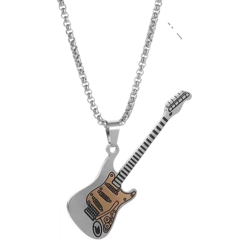 Fashion Two‑Tone Guitar Pendant Necklace for Men and Women, Trendy Stainless‑Steel Musical‑Instrument‑Shaped Jewelry Accessory