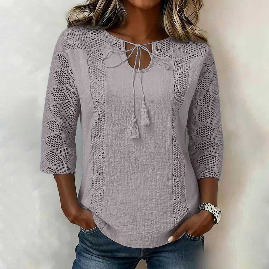 Womens Spring Tops Lace Patchwork 34 Sleeve Summer Shirts for Women Casual Loose Womens Summer Shirts Blouse
