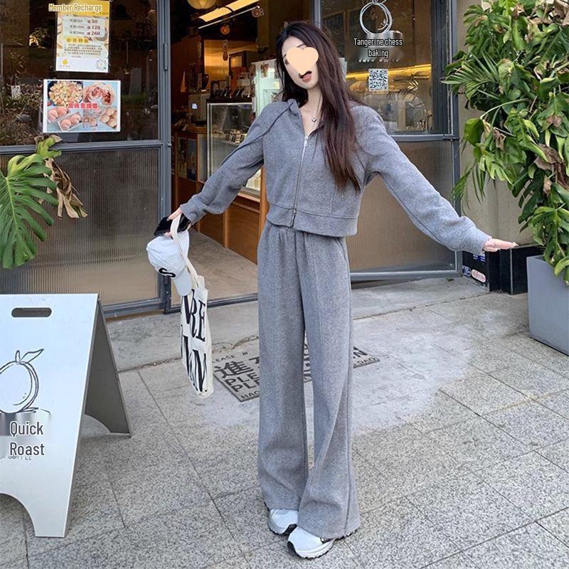 Women's Two-Piece Hooded Zip-Up Sweatshirt & Wide-Leg Pants Set - Casual, Loose Fit for Spring & Autumn, Trendy Korean Style