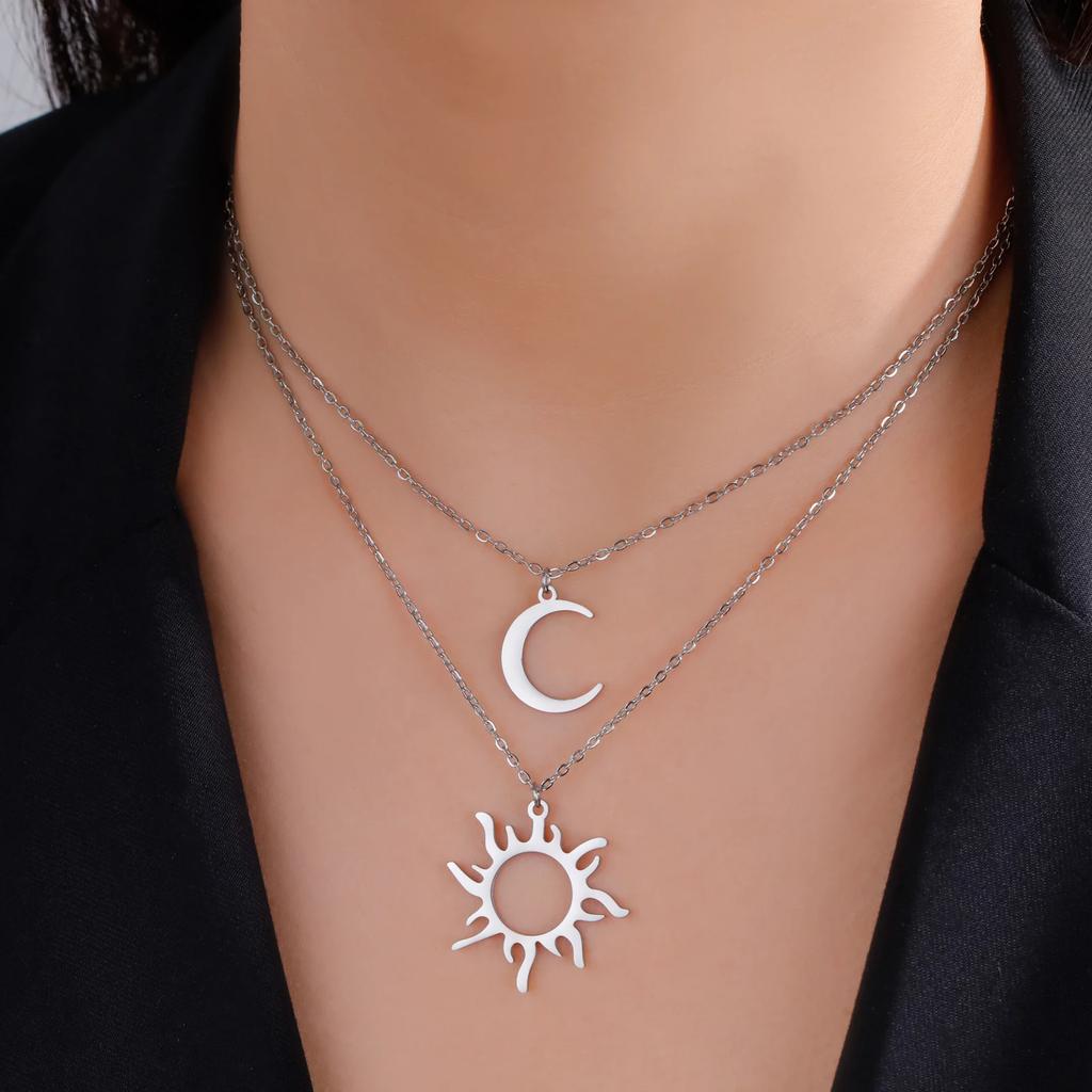 Sun Moon Pendant Necklace Women Fashion Stainless Steel Clavicle Chain Jewelry Gift for Friends New Arrival