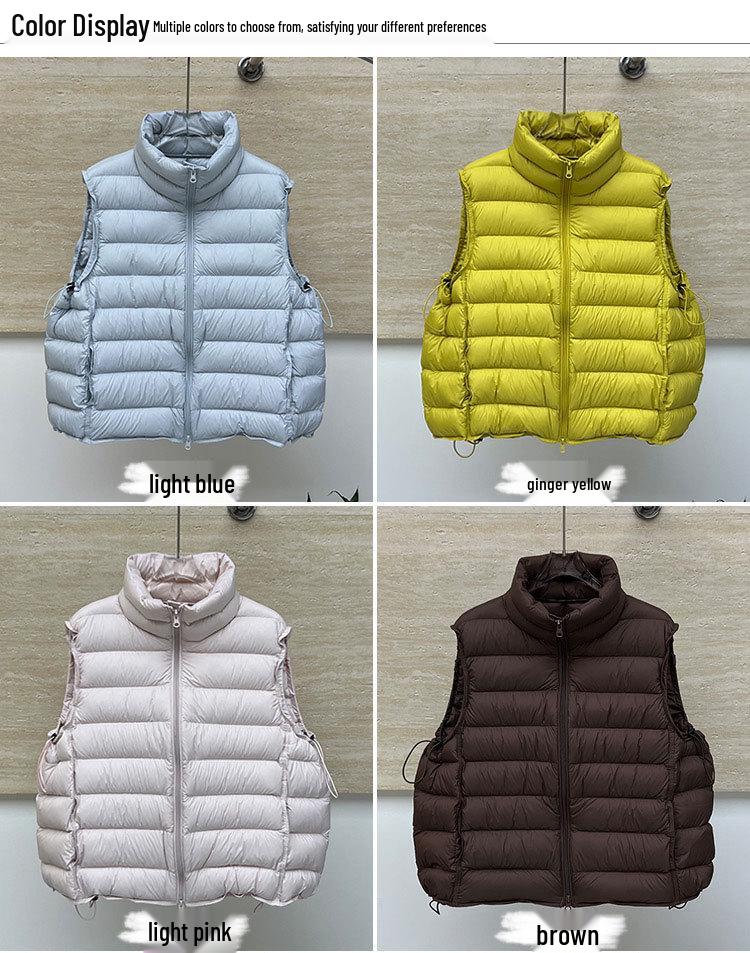 Women's Short White Duck Down Ribbed Vest - 2026 Autumn/Winter Korean Style, Loose Stand Collar, Casual Fit.