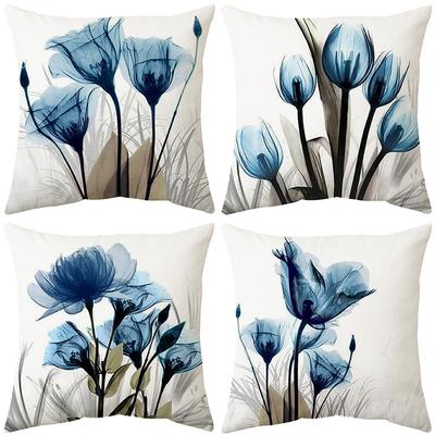 Blue Ink Painting Flower and Grass Linen Pillowcase Household Supplies Office Sofa Pillow Nordic Cushion