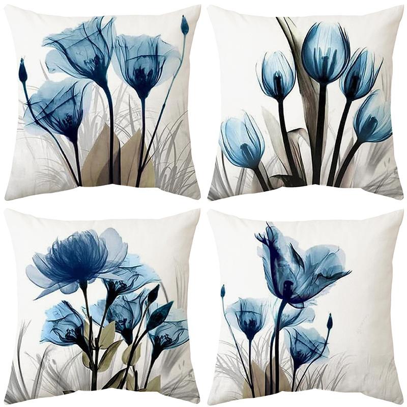 Blue Ink Painting Flower and Grass Linen Pillowcase Household Supplies Office Sofa Pillow Nordic Cushion