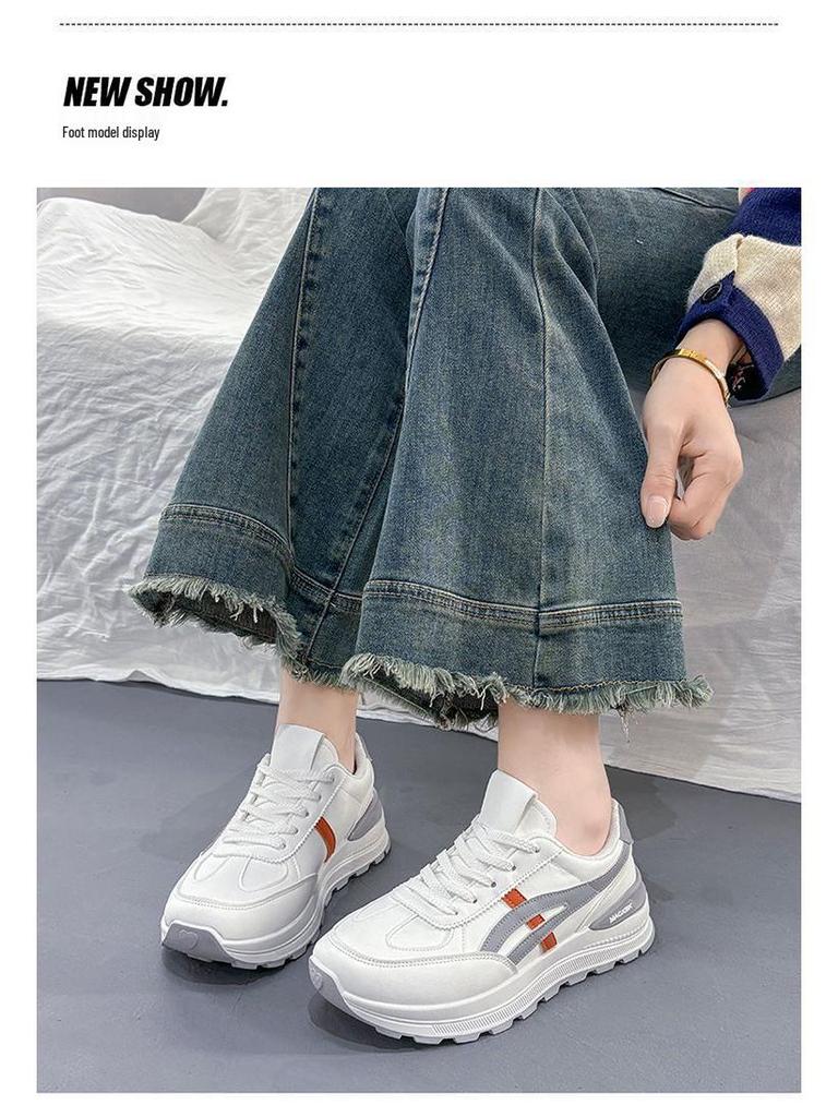 Spring Women's Breathable White Sneakers, Versatile Korean Style with Thick Soles for Height Boost, Casual Dad Shoes