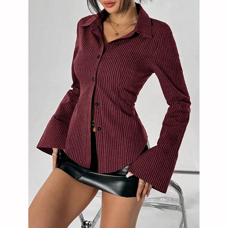 Gothic Punk Grunge Y2K Women's Blouse Slim Chic Casual Lapel Striped Long Sleeve Shirt Vintage Aesthetics Hottie Streetwear