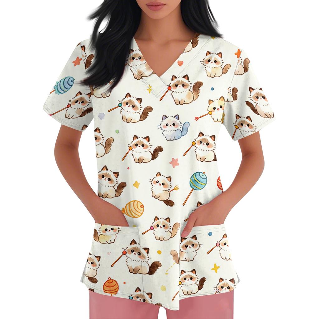 Women V Neck Short Sleeve Work Top with Pockets Animal Print Medical Scrub Shirt Comfortable Fit Durable Fabric Suitable for Healthcare Professionals