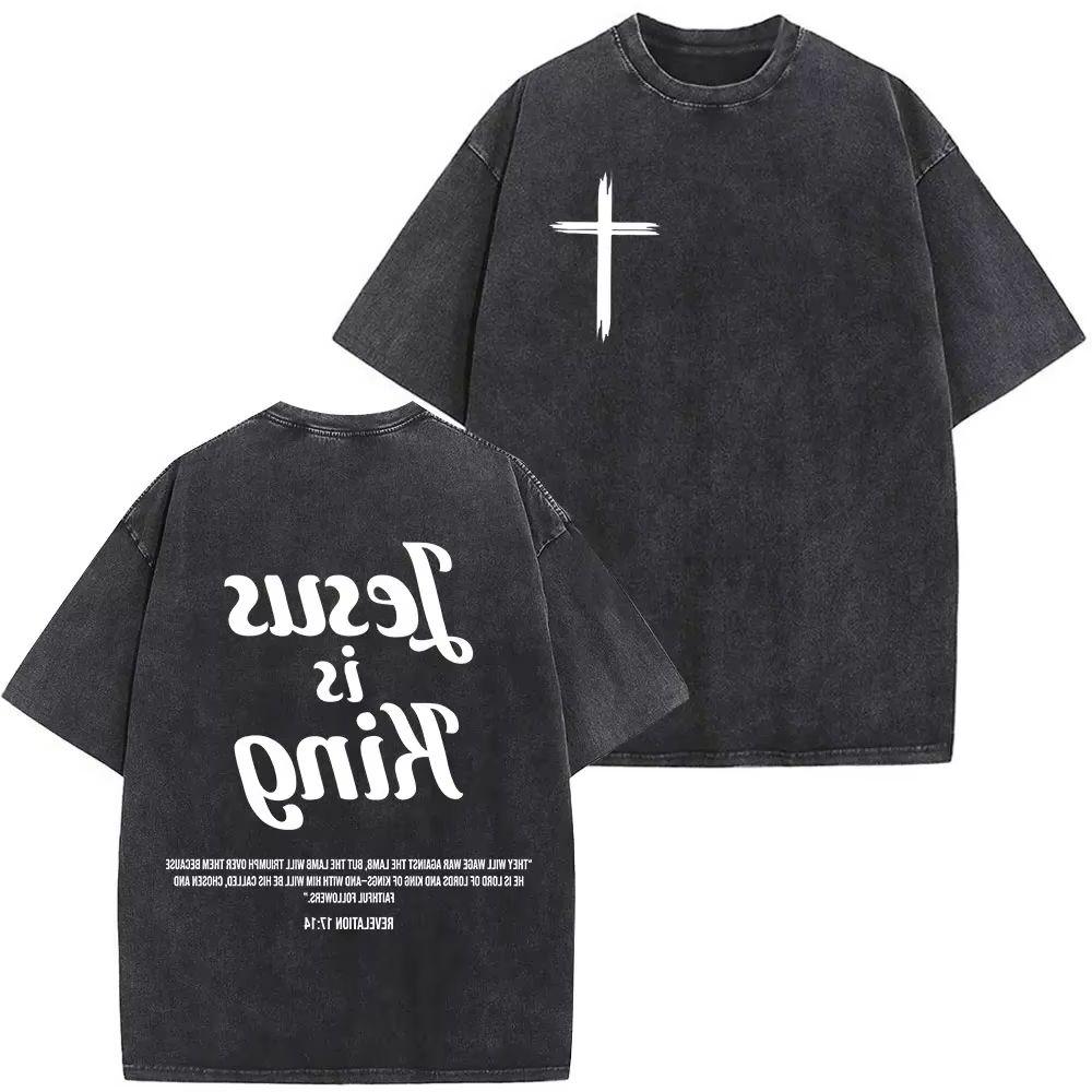 T-shirt Vintage Lavate con Versetto Biblico Gesù Cristo è Re Uomo Donna Moda Hip Hop Oversize Streetwear Unisex Maglietta Casual
