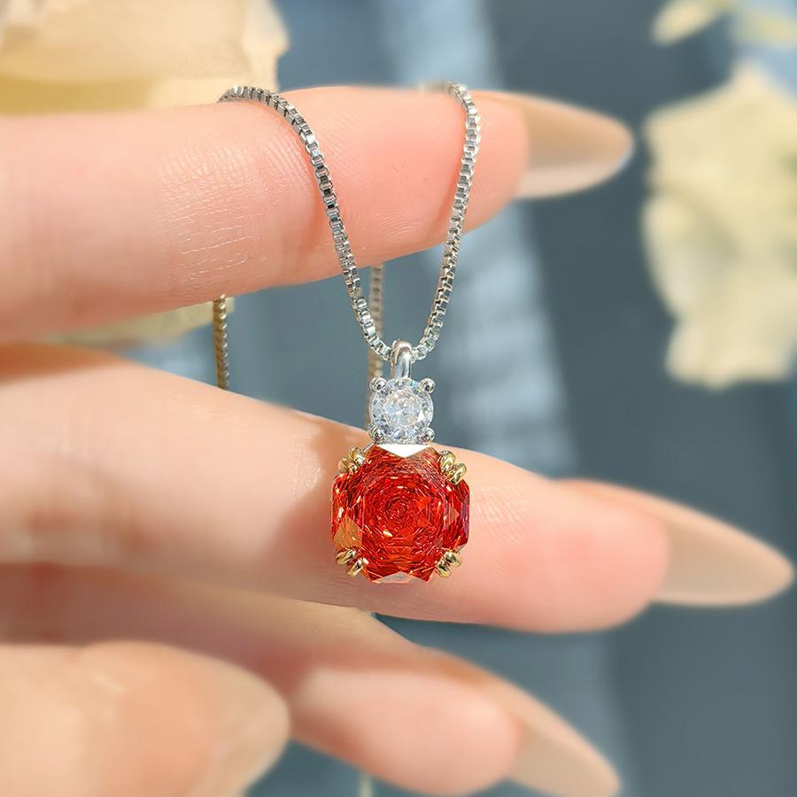 Fashion Light Luxury Star Anise Rose Cut Pendant Necklace Colorful Pink Diamond Ring Chinese Red Stud Earrings Colorful Treasure Set Women