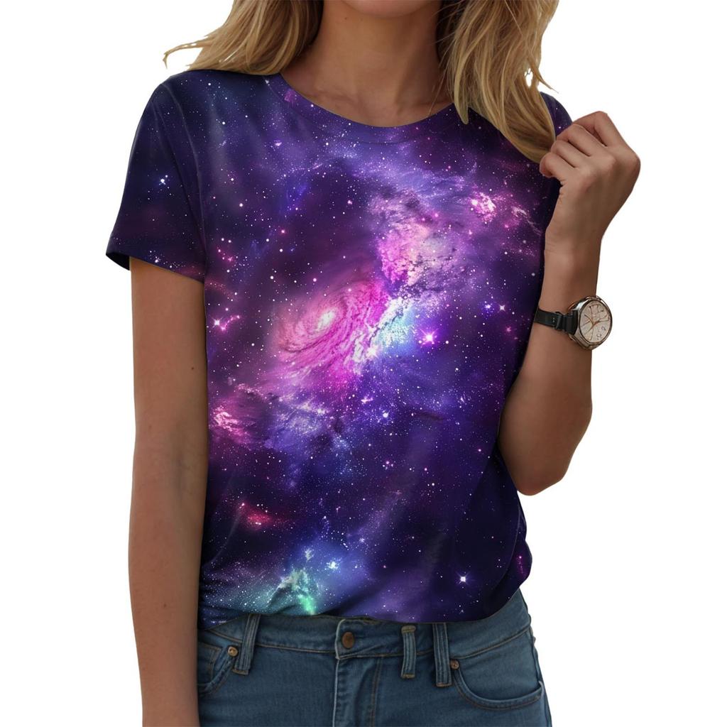 Women Galaxy Print T Shirts Glitter T-Shirts Fashionable Starry Sky Summer T-Shirts Round Neck Woman'S Summer Tops