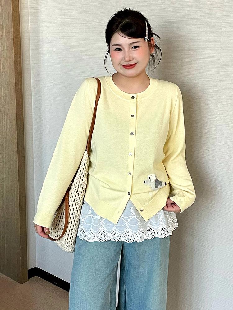 Plus Size Women's Round Neck Jacquard Cardigan - 2026 Spring Style Puppy Design