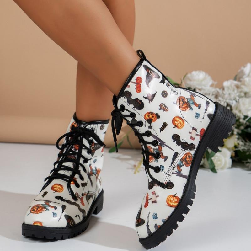 European American Halloween Women's Boots  Autumn New Collection Front Strap Printed Large Design Sense Women's Short Boots