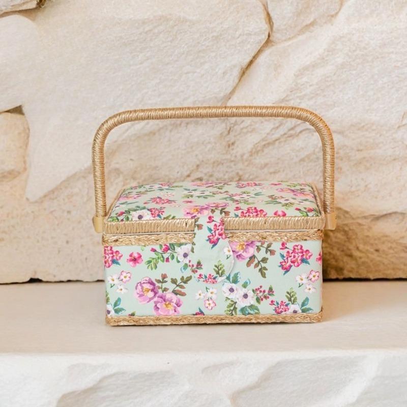 Fabric Home Sewing Box European Style Rose Pattern Needle and Thread Storage Basket Portable Craft Organizer for Daily Use DIY