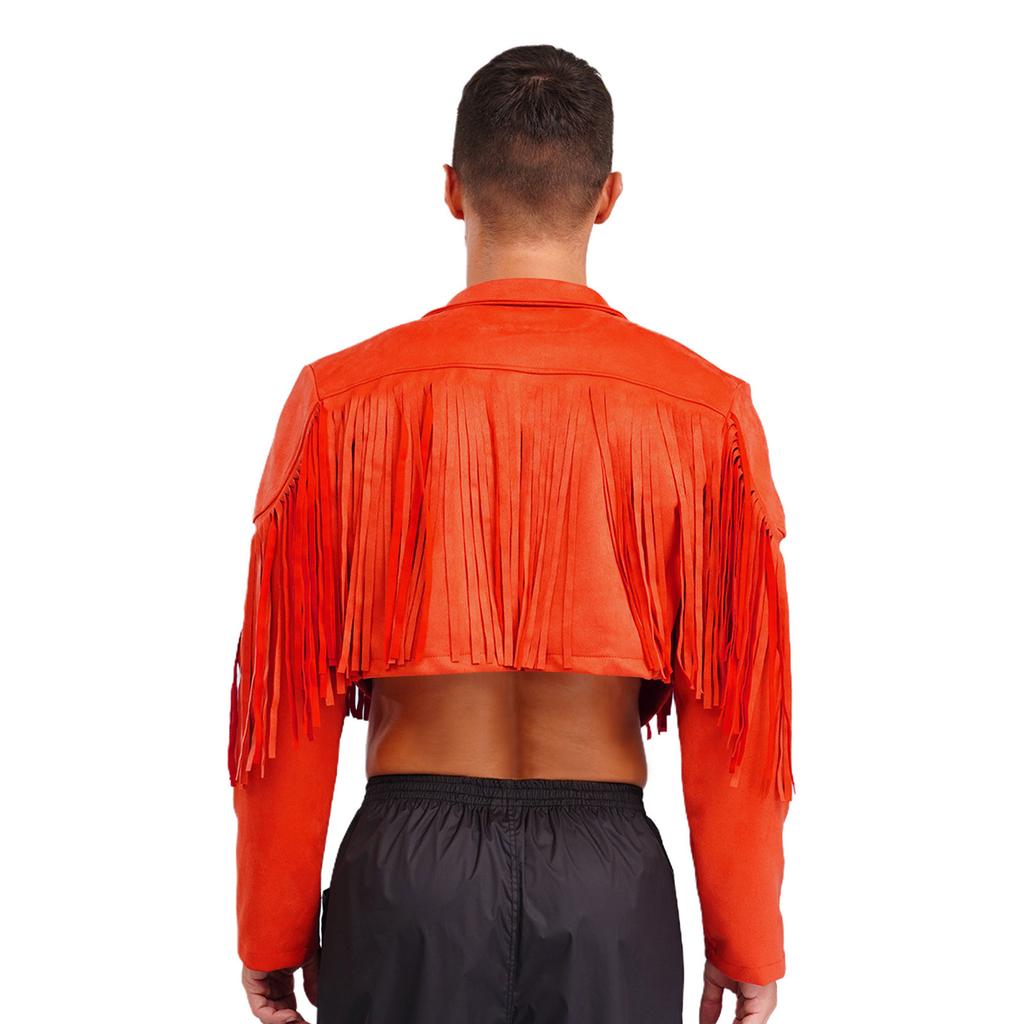 Herren Fransen Wildlederimitat Jacke Cropped Design Reverskragen Langarm Offene Vorderseite Strickjacke 80er Hippie Cowboy Stil
