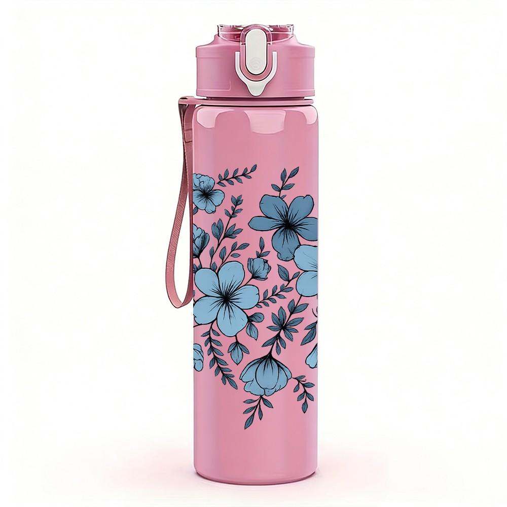 1PC Blue Mixed Wild Flower Print 750ml Color Plastic Sports Water Bottle Leakproof Flip Straw Lid Suitable for Sports Office Home Use