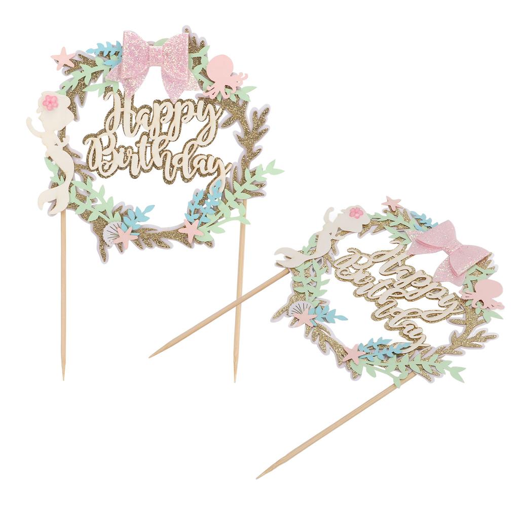 2Pcs Cake Toppers Pink Bow Sparkling Exquisite Safe Degradable Happy Birthday Cake Decoration