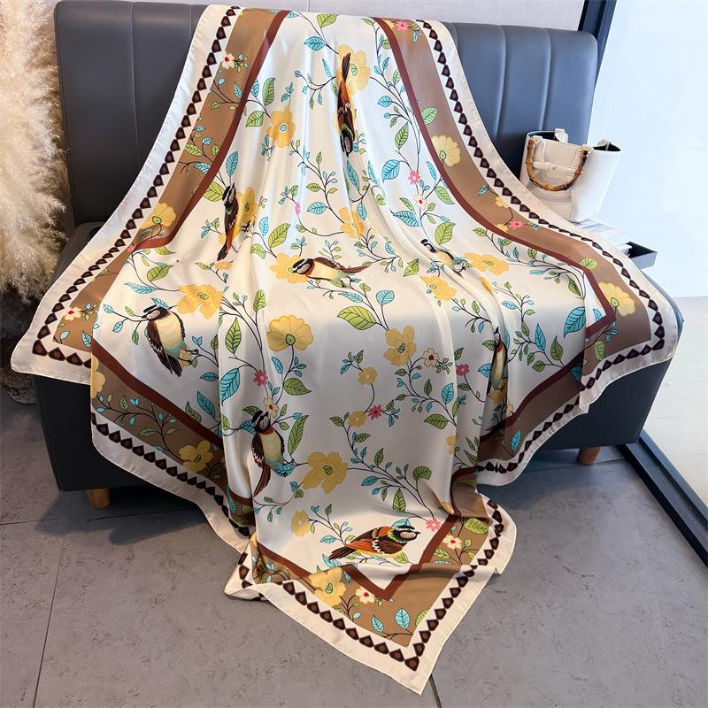Vintage flower and bird simulation silk high sense 111cm large square scarf silk scarf printed shawl sunscreen scarf headscarf scarf