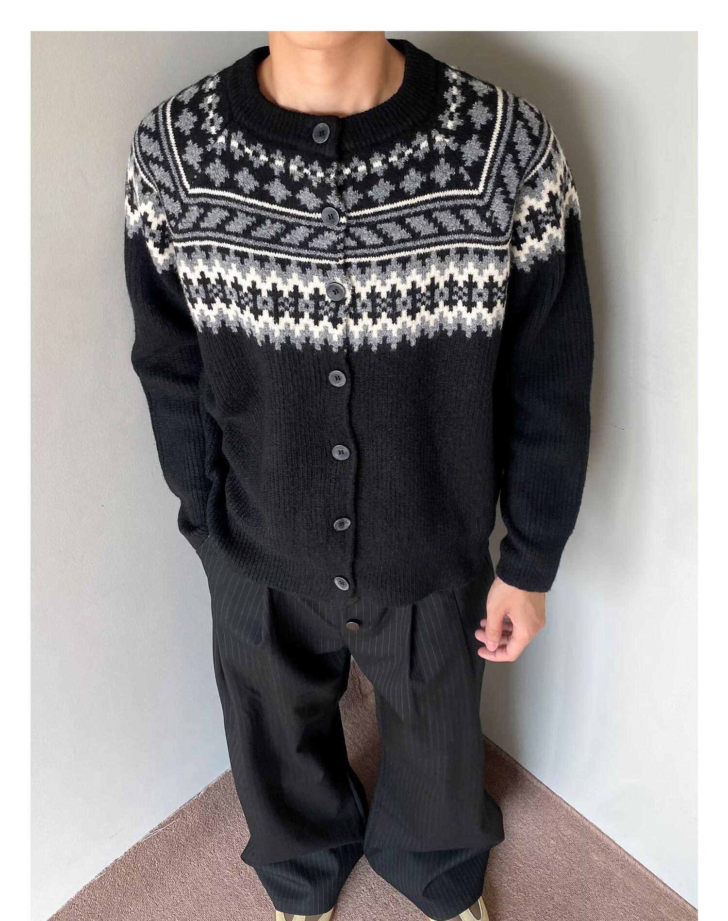 Мужской ретро кардиган-свитер без воротника в ромбовидную клетку XL