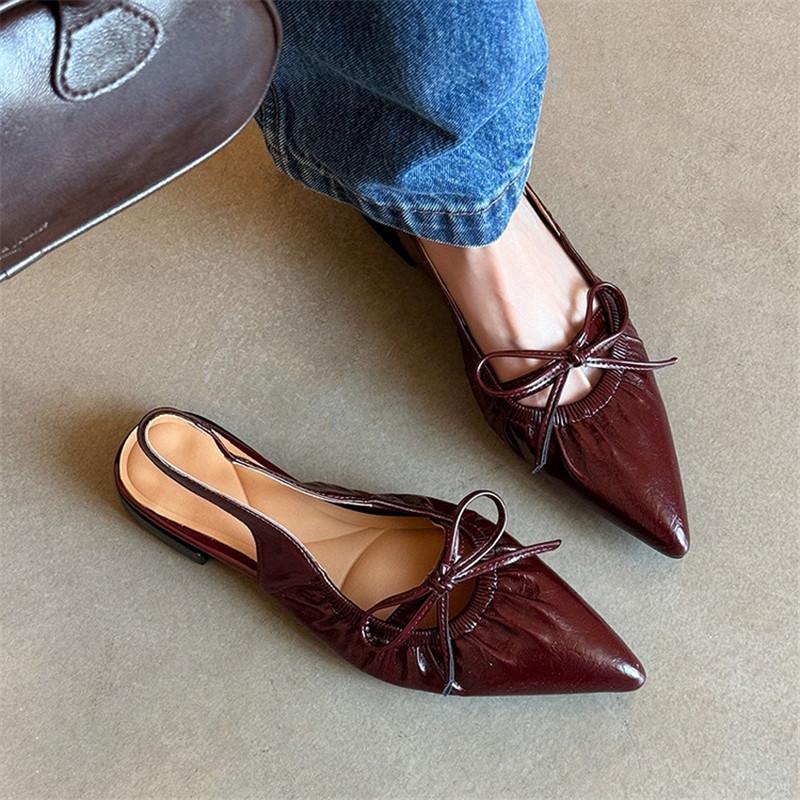 Fashion New Summer Sandals Split Leather Pointed Toe Sandals for Women Low Heels Fashion Bow Sandals Breathable Ladies Shoes Women