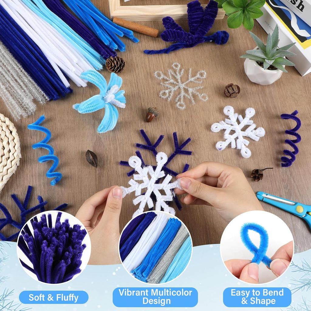 1000PCS Pipe Cleaners Craft Set 6 Assorted Colors Blue White Glitter Silver Chenille Stems, Craft Supplies Bulk for DIY Art
