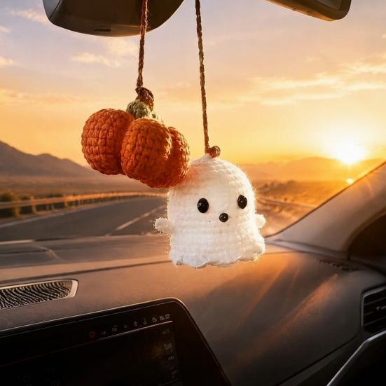 Hand Woven Woolen Ghost Decor Handmade Pumpkin Car Rear View Mirror Pendant, Cute Crochet Pendant Ornament Hanging for Halloween Auto Interior