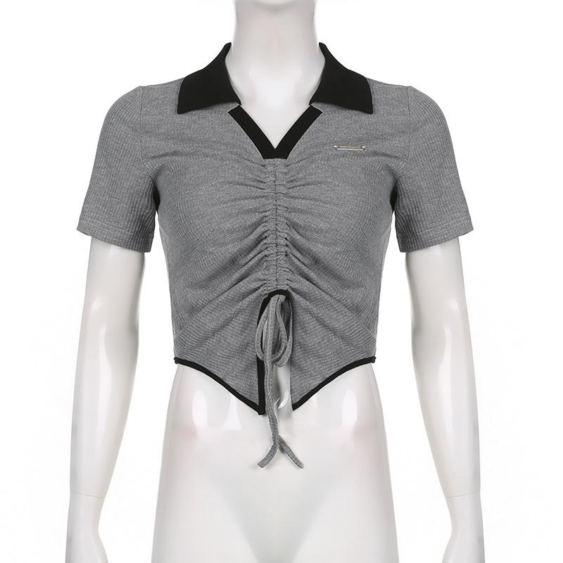 Short Slim Top for Women Vintage V-neck Drawstring Pleated Short Sleeve Top Summer Sexy Irregular T-shirt Gothic Korean Crop Top