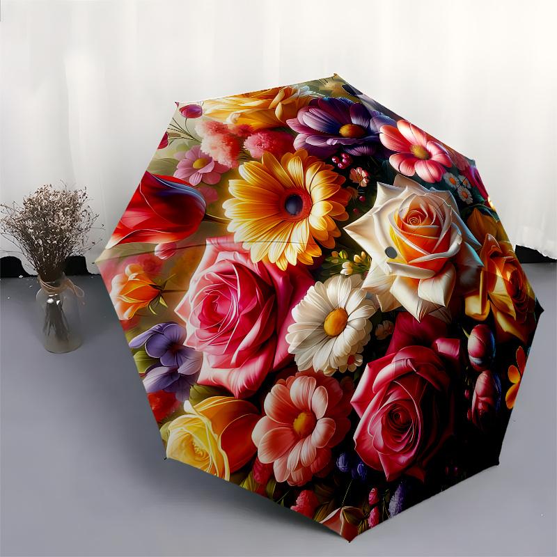 Floral Bouquet Theme Automatic Open/Close Umbrella, Portable 3 Fold Compact Umbrella for Men & Women, Valentine's Day Mother's Day Gift0725089