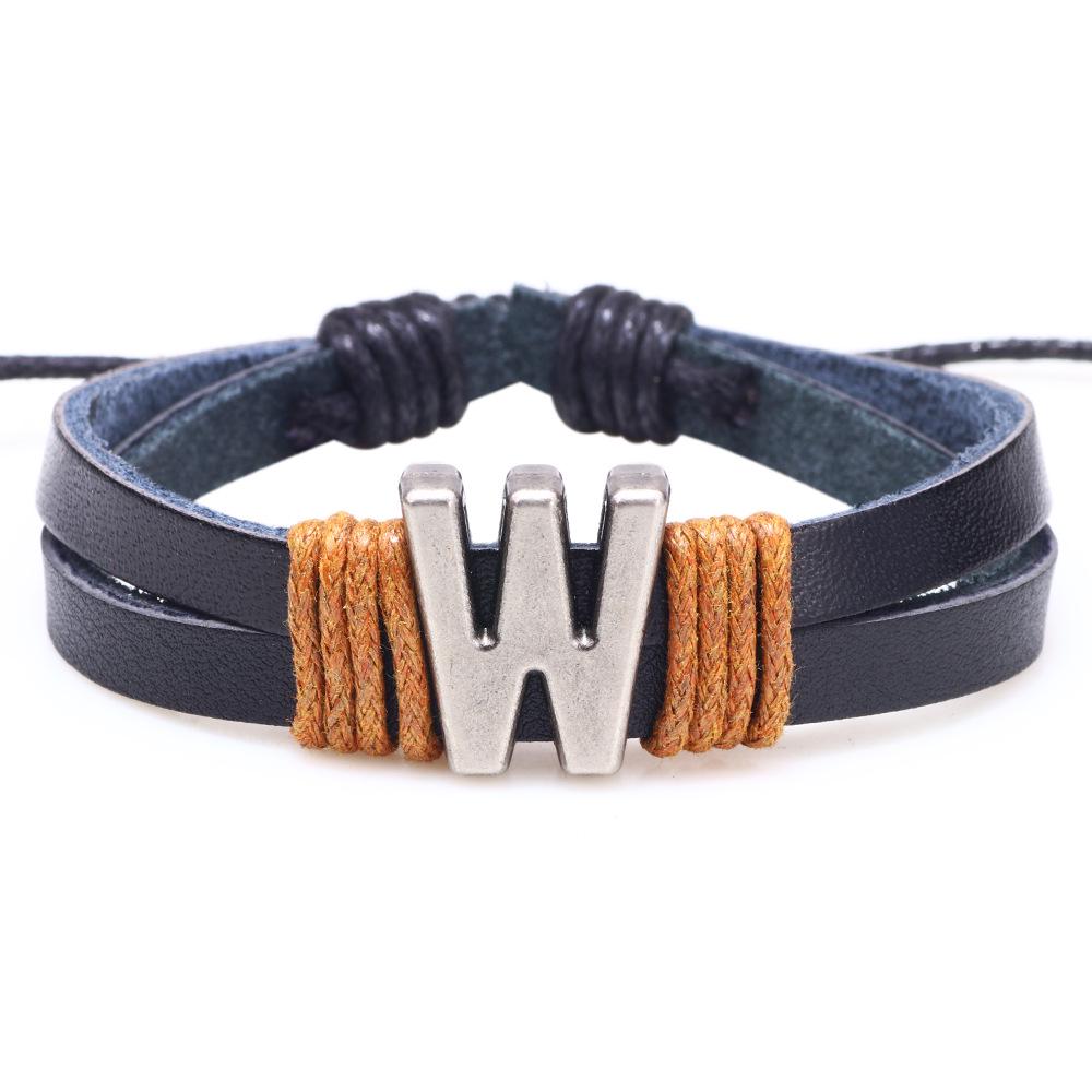 Handmade Woven Leather Bracelet with English Letter Charms