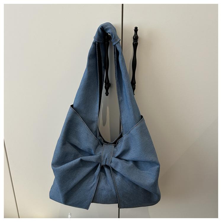 Sweet Bowknot Design Women's Denim Shoulder Bags Commuter Thread Ladies Handbags Casual Lightweight Female Underarm Tote Bag
