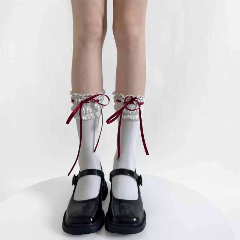 Fashionable Over The Knee Socks with Cute Ribbon Bowknot Stretchy Lace Trimmed Thigh High Long Stockings for Women