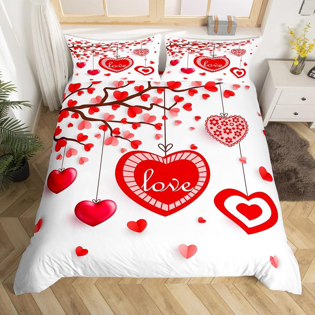 Red Hearts Soft Duvet Cover Set Quen Sized Dimensions, Red plus White Love Beding Set,Romantic Valentine Warm Comforter Cover Set,Couple Hearts Love