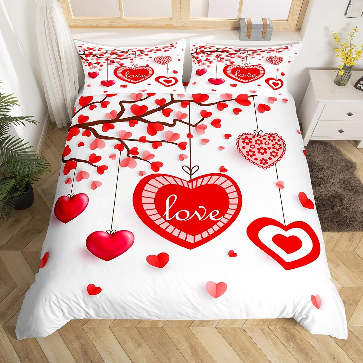

Red Hearts Duvet Cover Set Queen Size Red And White Love Bedding SetRomantic Valentine Comforter Cover SetCouple Hearts Love EU Single(135*200cm)3pcs