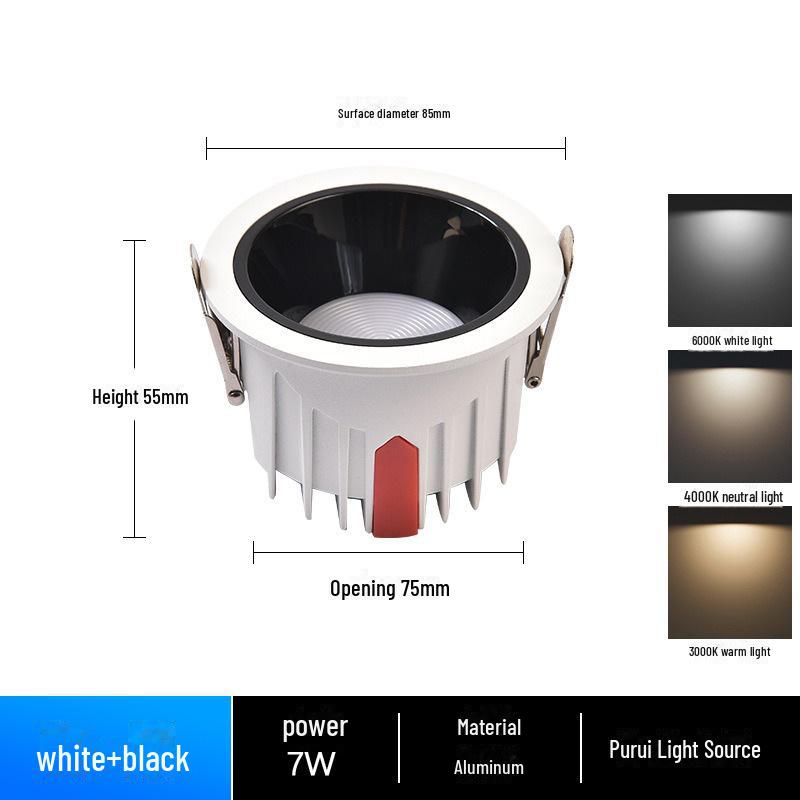 Anti-Glare Deep Cup LED Downlight for Home & Corridor, 75-Hole Full-Spectrum Ceiling Light