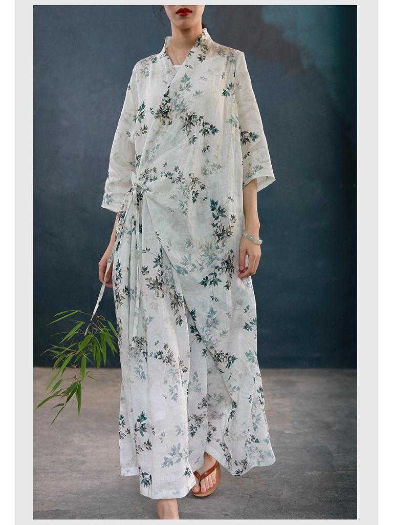 Mountain Spirit Sheer Flowy Tie-Waist Long Dress with Irregular Neckline, Women's Ramie Tea Dress