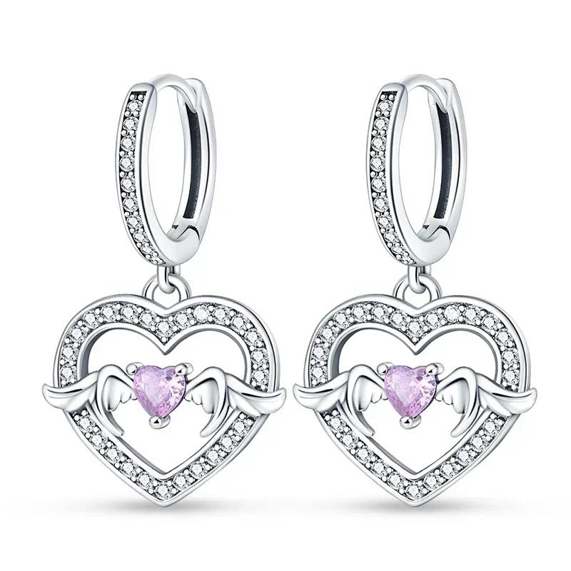 925 Silver Love Feather Moon Star Heart Earrings Fit Original Charms Hoop for Women Girls Stud Earring Jewelry Gifts