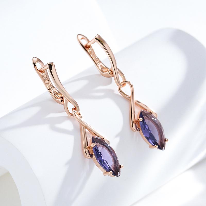 Purple Natural Zircon Long Drop Earrings For Women Fashion  Rose Gold Rhombus Accessories Wedding Daily Jewelry