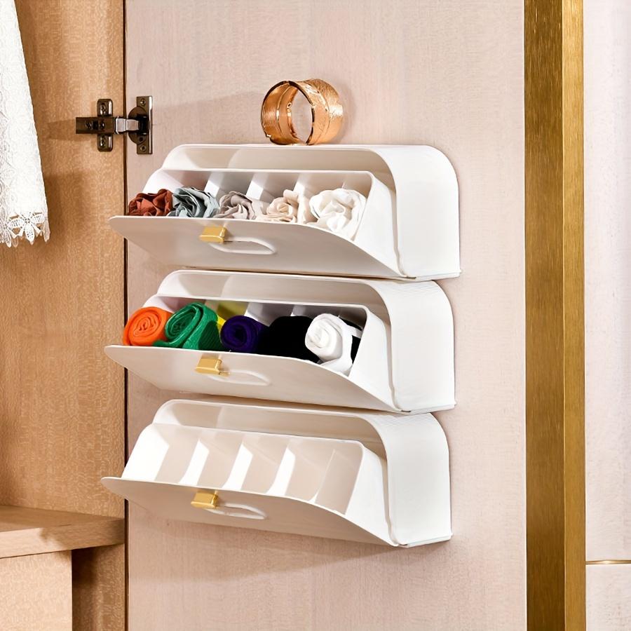 Lightweight White Wall-Mounted 1pc Drawer Organizer - Plastic Storage Box with Partitioned Sections and Golden Handles -for Home Wardrobe Organization