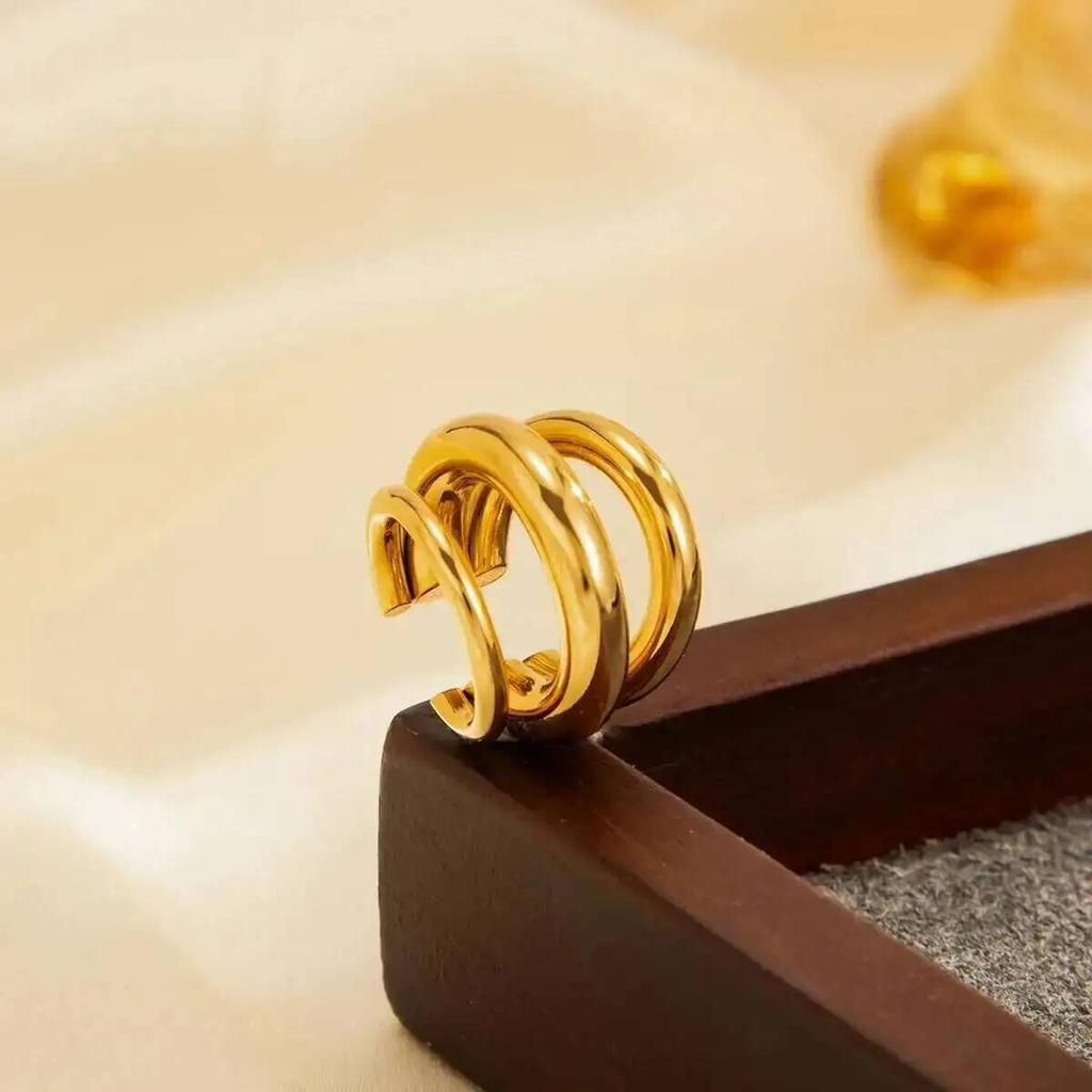 Salircon Creative Gold Color C-shaped Stainless Steel Clip Earrings Punk Multi-layer Geometric Non-Piercing Earrings Jewelry