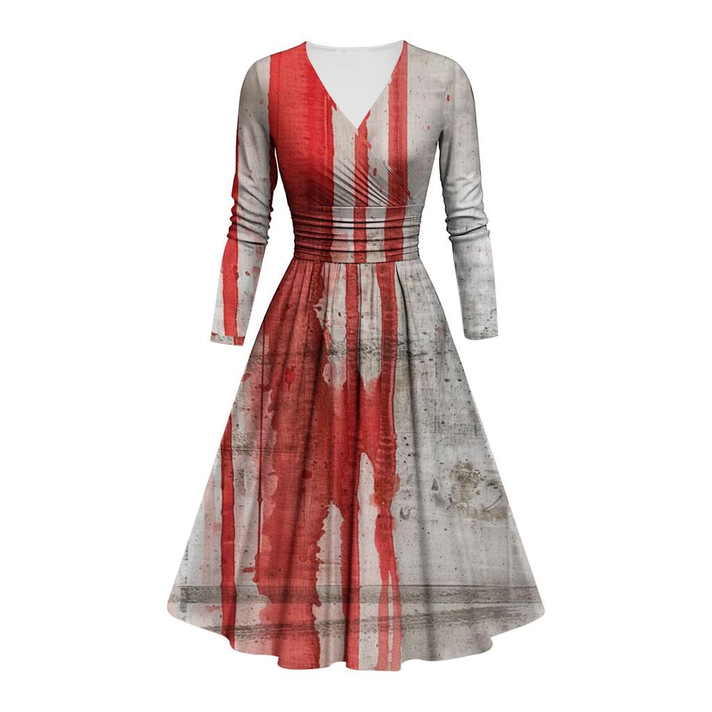 Kvinners mote V-hals Ruffle Langermet Halloween Print Slim Fit Gown Casual Dress