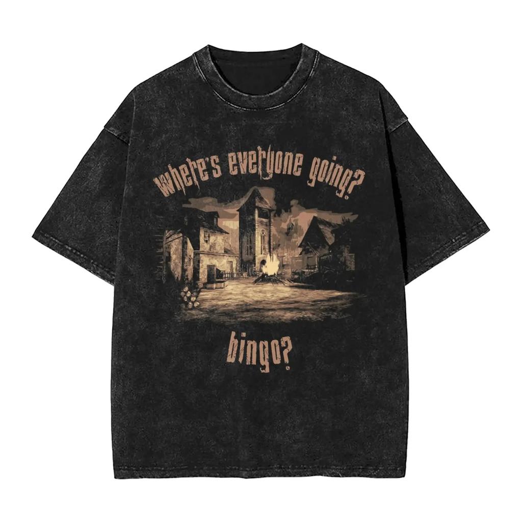 Vintage Game Tee Where Is Everyone Going Letter Pattern Printed Washed Men Oversized Loose Round Neck Short Sleeved