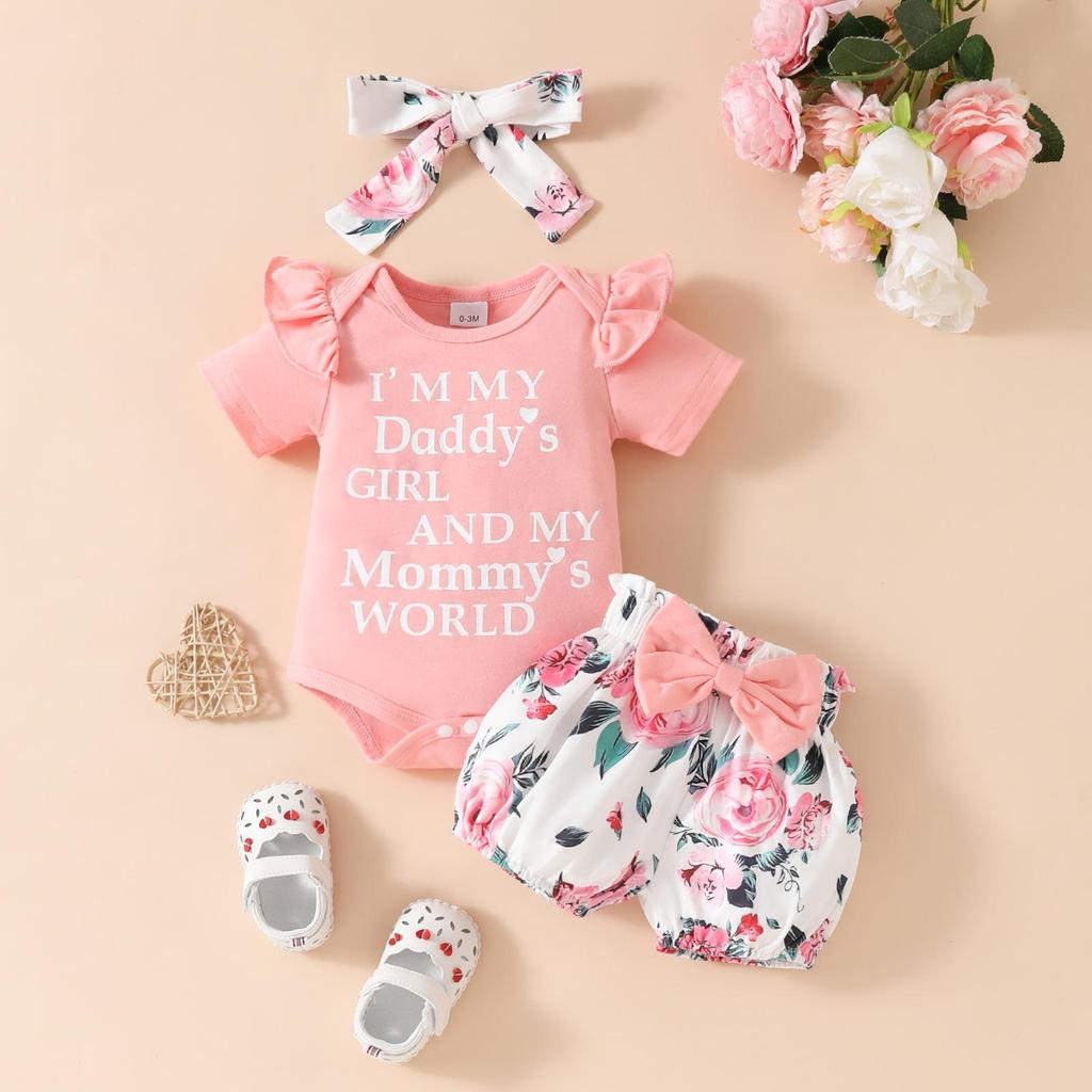 Baby Girl Summer Romper & Shorts Set - "Letter" Top with Belted Flower Pants