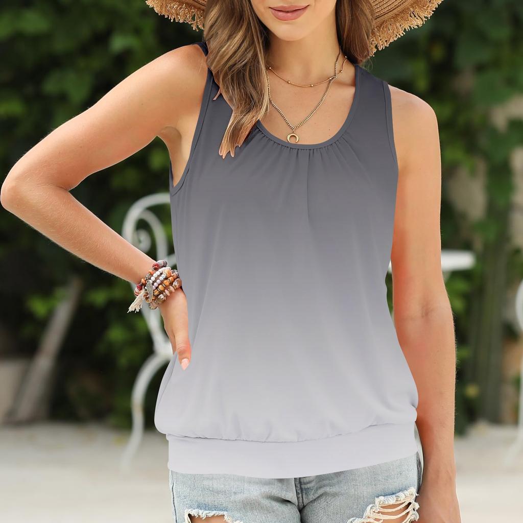 Women's Summer Vest Loose Pleated Round Neck Shirt Casual Sleeveless Top
