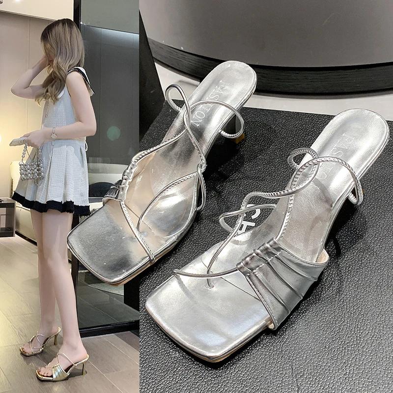 Gold Narrow Band Women Slipper Female Square Pinch Toe Low Heel Slides Sandal Flip Flops Mujer Shoes