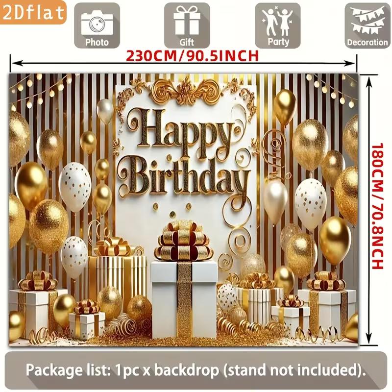 2D Gold Happy Birthday Backdrop, White Gold Balloon Gift Box Photography Background for Party