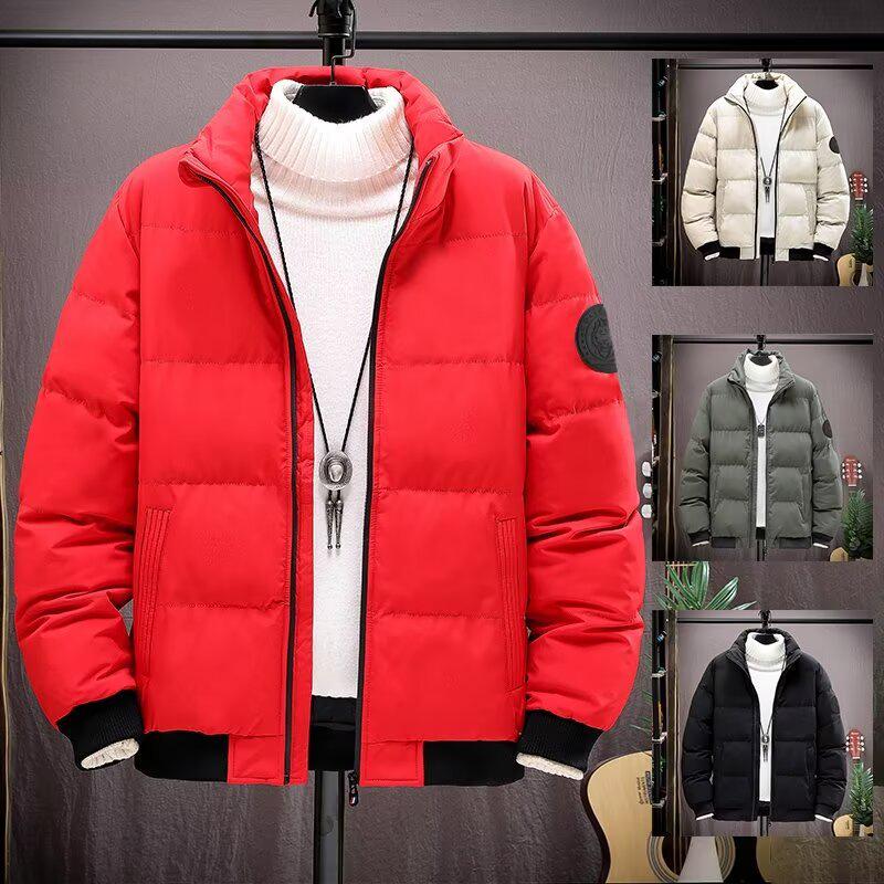 Men's Windproof Stand Collar Cotton Jacket: Autumn/Winter Trendy Streetwear, Thickened for Warmth and Cold Protection.